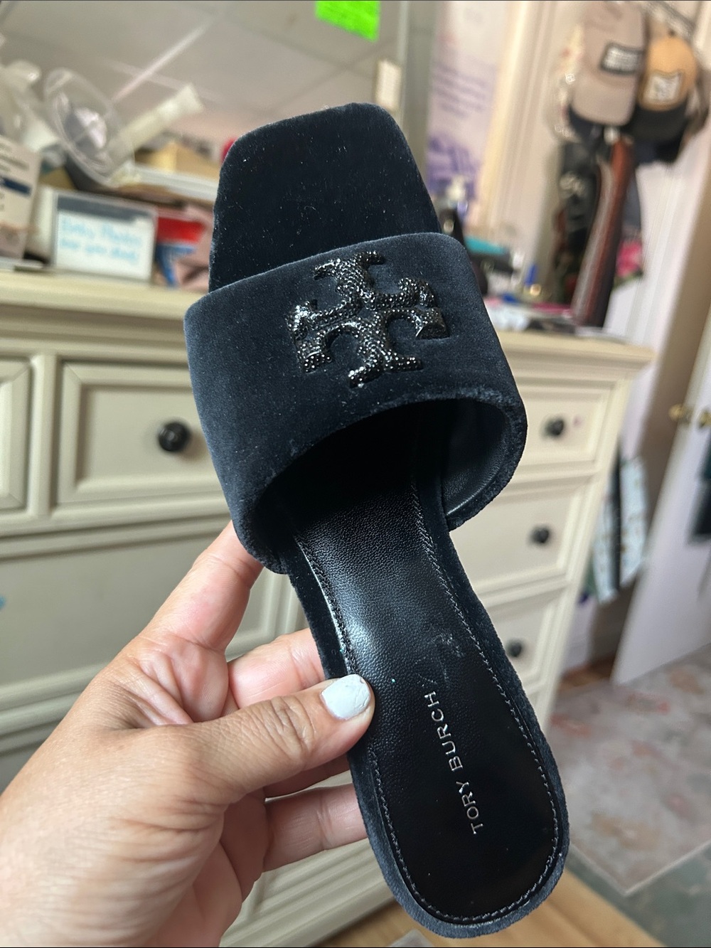 Tory Burch Black Velvet Slide with Embellished Logo